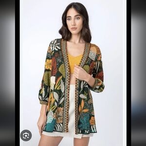 IVKO Jacquard Floral Patchwork Open-Front Cardigan in Mustard, Green & Teal